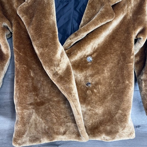 Wild Fable Fuzzy Coat Womans M Carmel Cognac Double Breasted Seam Pockets Lined - Picture 9 of 12